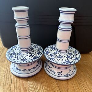 2 Ethan Allen Handcrafted Italy Delft Blue Ceramic candleholder  10”